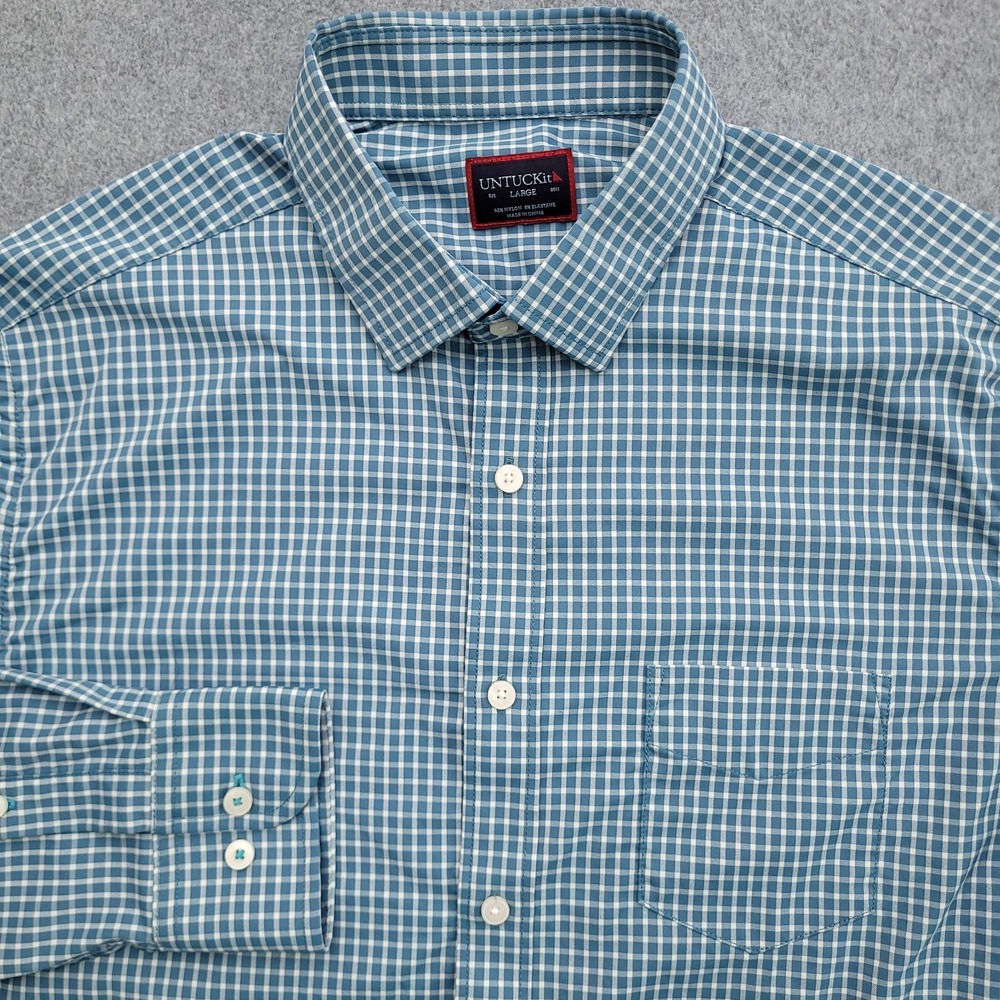 UNTUCKit Shirt Mens Large Green White Check Performance Stretch Nylon Button Up
